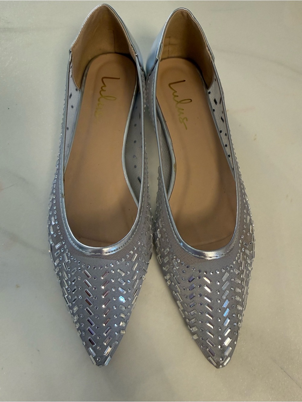 Lulu's Silver Pointed Toe Mirror Embellished Flats